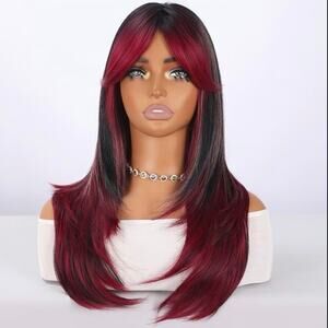 24” black and red synthetic layered wig with very thin blonde highlights